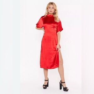 Nasty Gal red fine satin midi dress size 4.